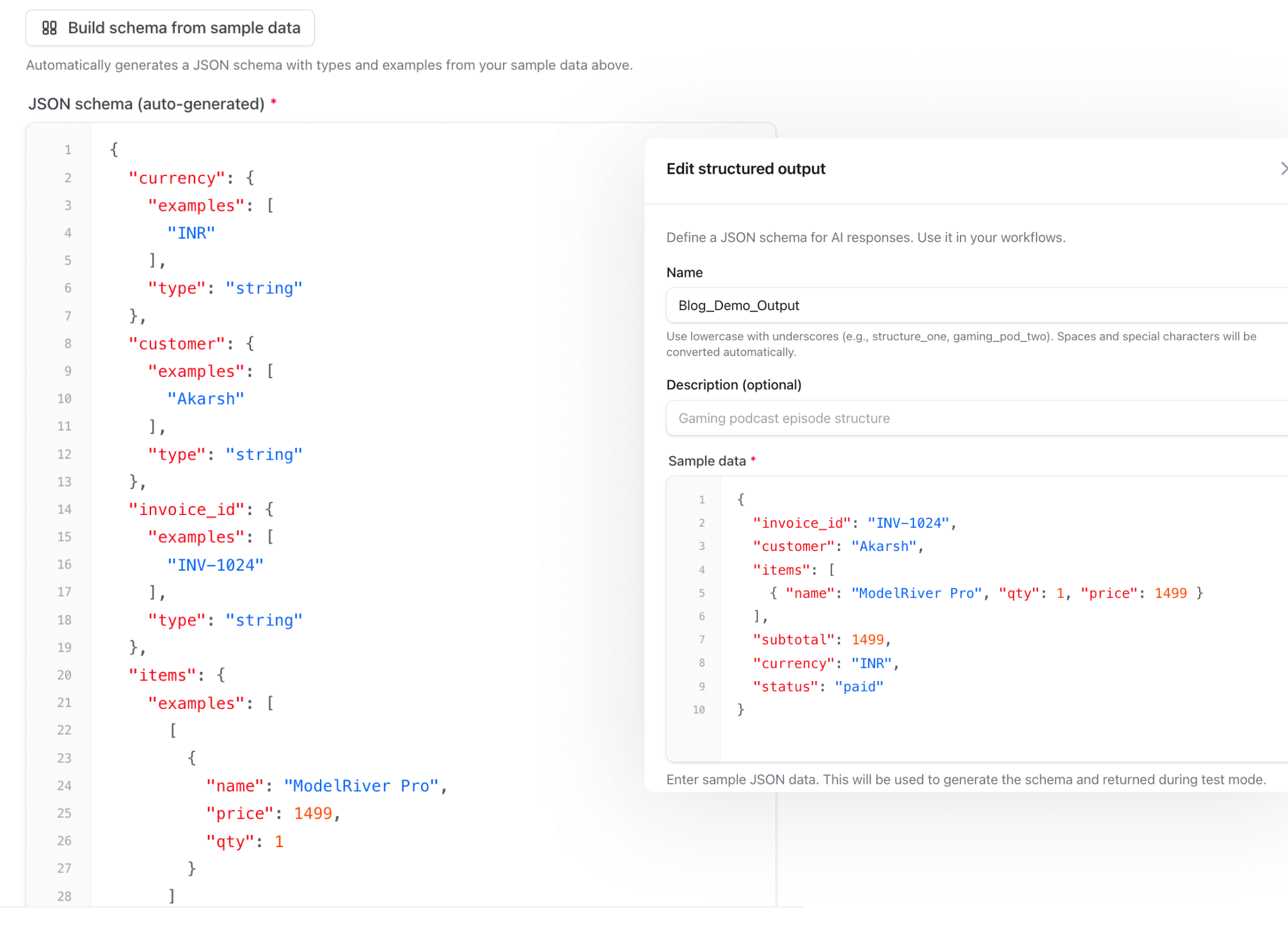 Structured Output with sample data in ModelRiver