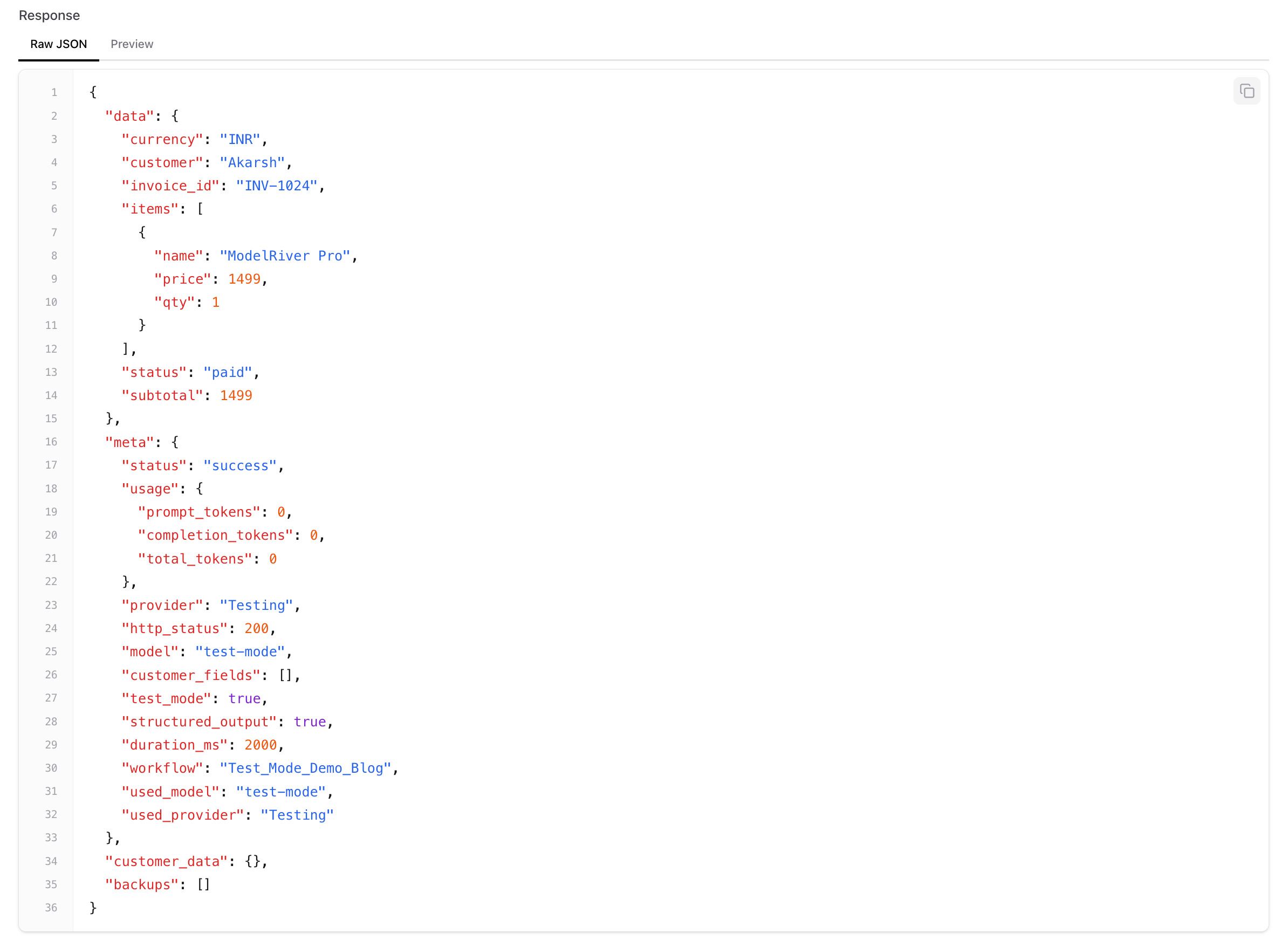 Playground response showing test mode metadata — provider: Testing, model: test-mode, tokens: 0
