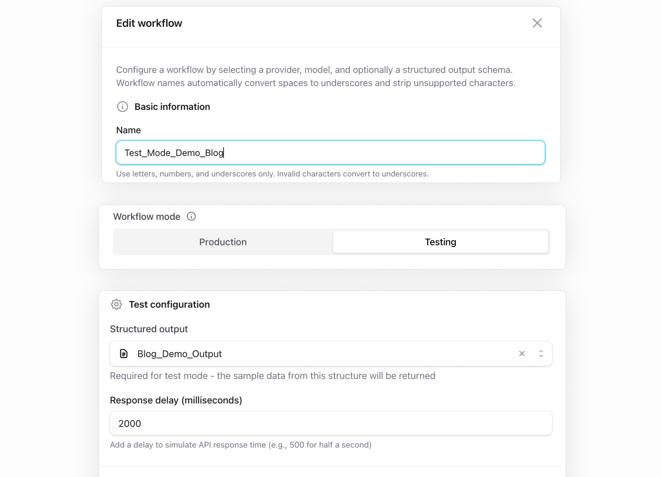 Workflow settings with Test Mode enabled