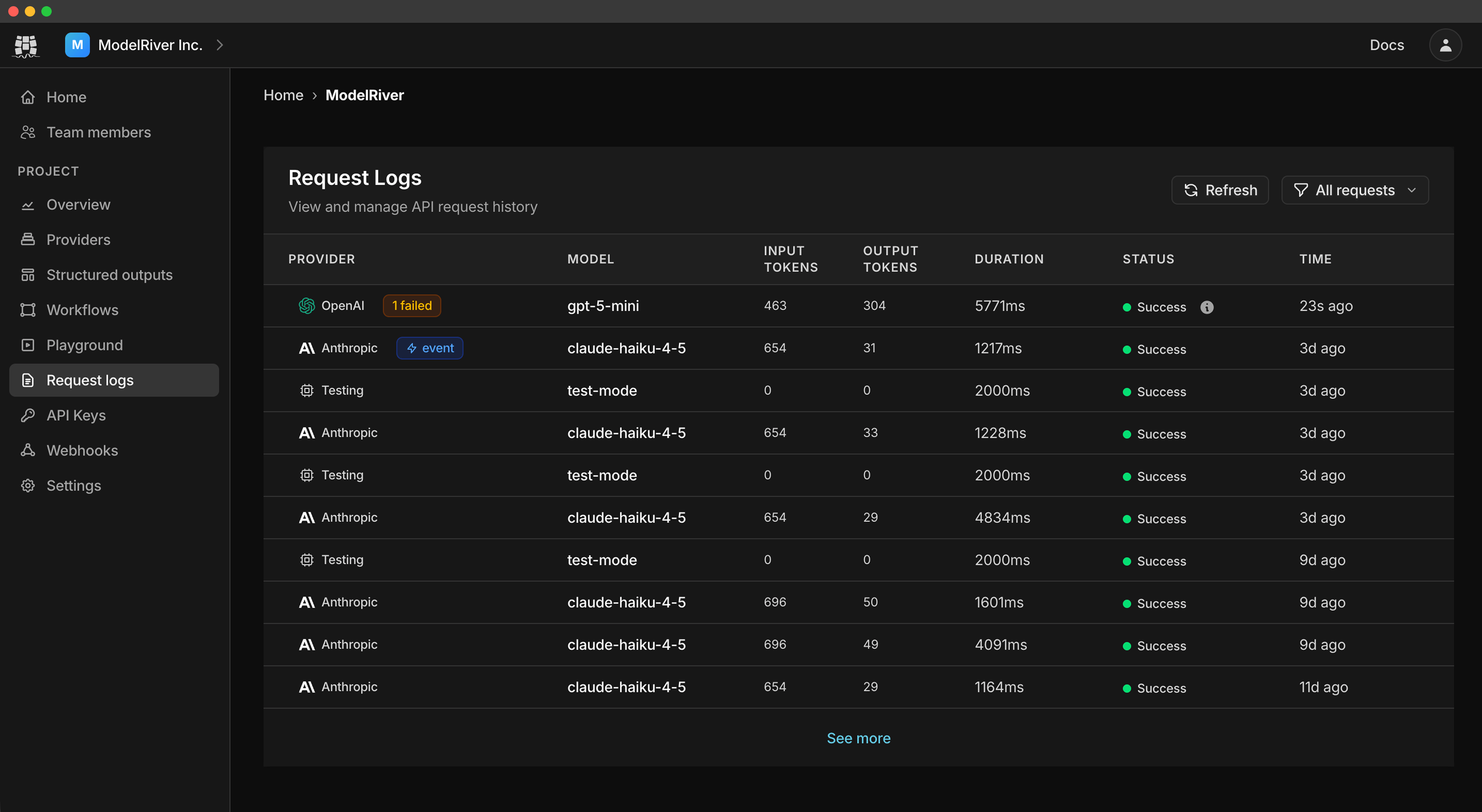 ModelRiver Request Logs
